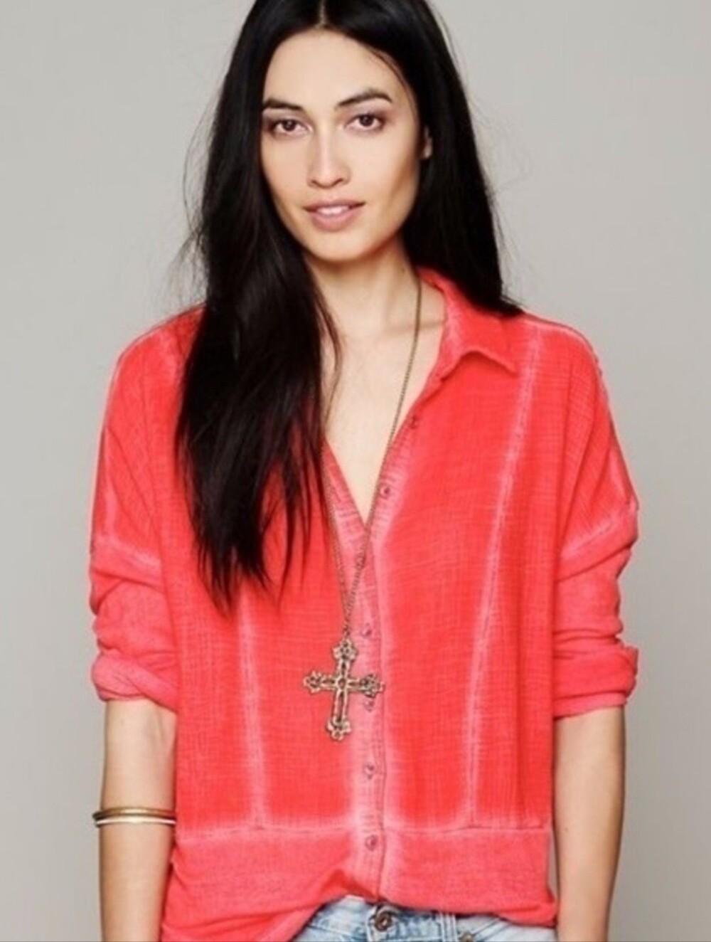 Free People Zahara Coral Button-Down Top
